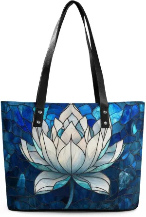 Stained Glass Lotus Mandala Women Soft Leather Handbags Tote Purses Shoulder Bucket Bags