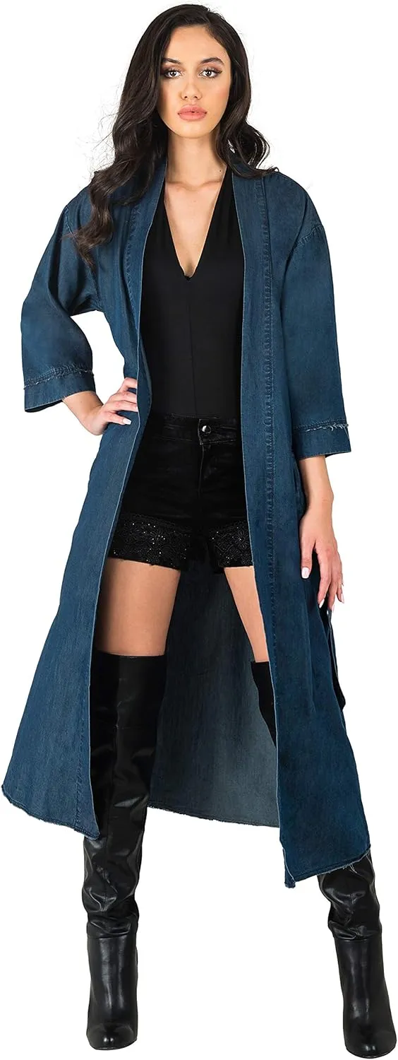 Standards & Practices Modern Women's Denim Bird Print Back Kimono Duster Jacket