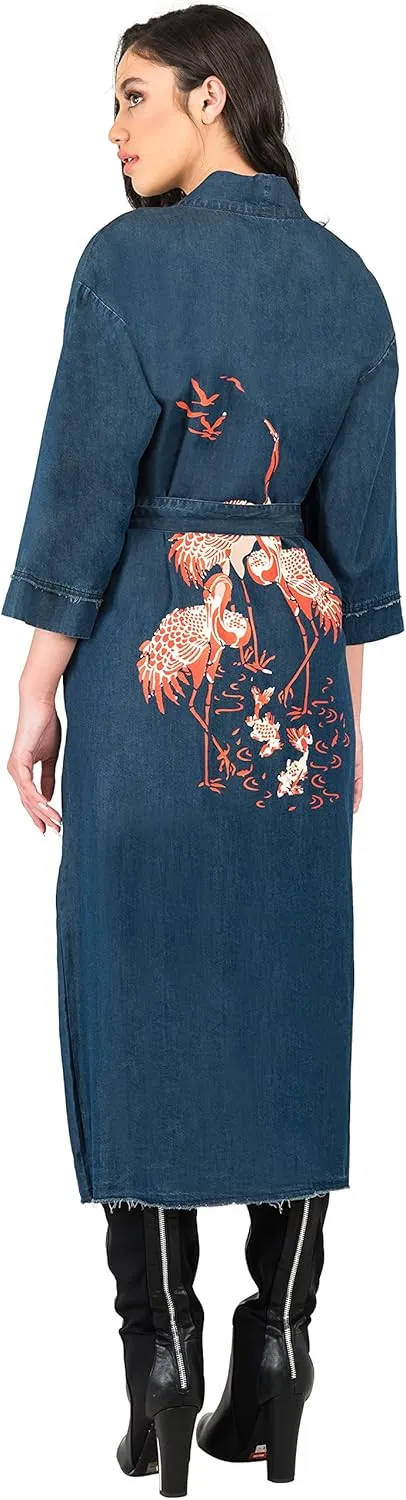 Standards & Practices Modern Women's Denim Bird Print Back Kimono Duster Jacket