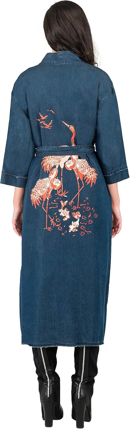 Standards & Practices Modern Women's Denim Bird Print Back Kimono Duster Jacket