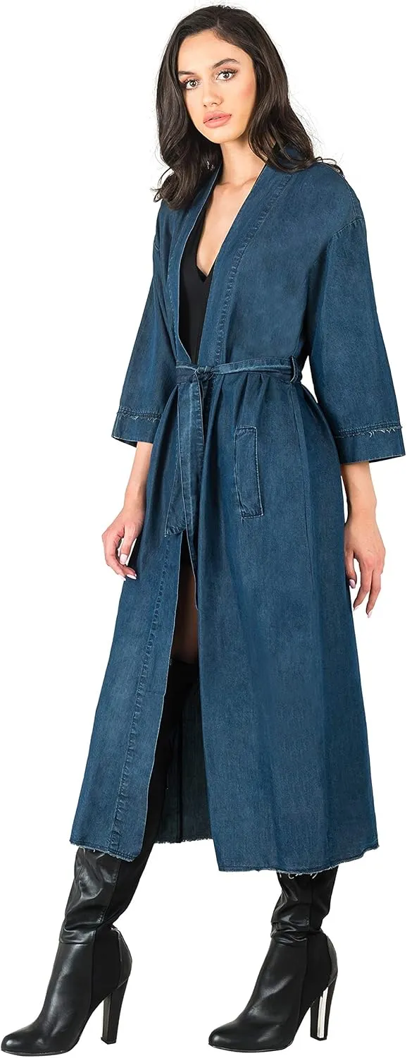 Standards & Practices Modern Women's Denim Bird Print Back Kimono Duster Jacket