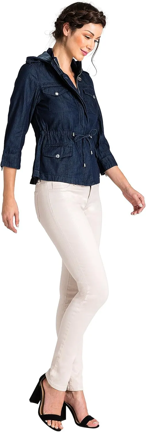 Standards & Practices Modern Women's Zip Up Safari Hooded Drawstring Jean Jacket
