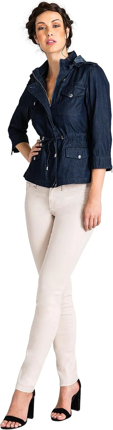 Standards & Practices Modern Women's Zip Up Safari Hooded Drawstring Jean Jacket