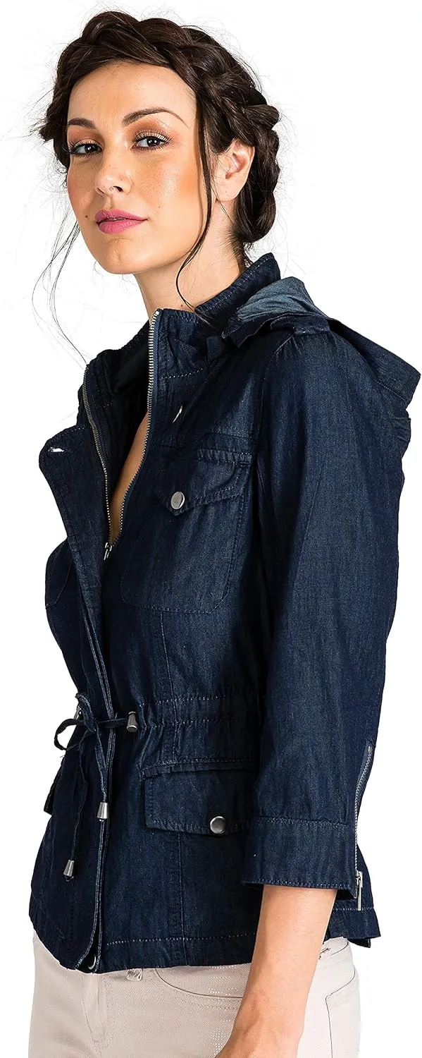 Standards & Practices Modern Women's Zip Up Safari Hooded Drawstring Jean Jacket