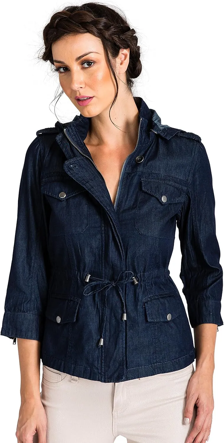 Standards & Practices Modern Women's Zip Up Safari Hooded Drawstring Jean Jacket