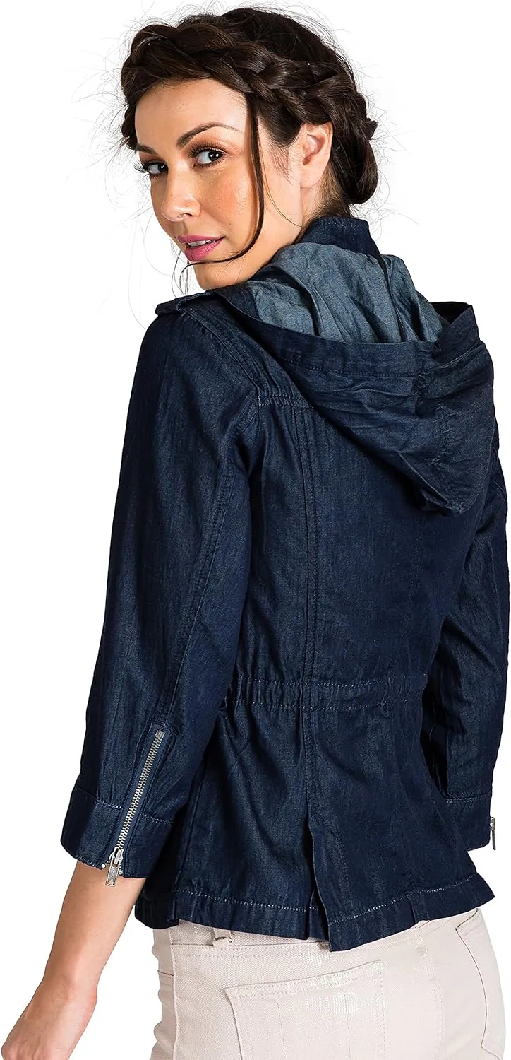 Standards & Practices Modern Women's Zip Up Safari Hooded Drawstring Jean Jacket