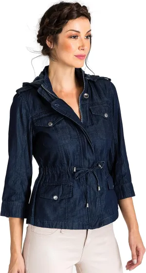 Standards & Practices Modern Women's Zip Up Safari Hooded Drawstring Jean Jacket