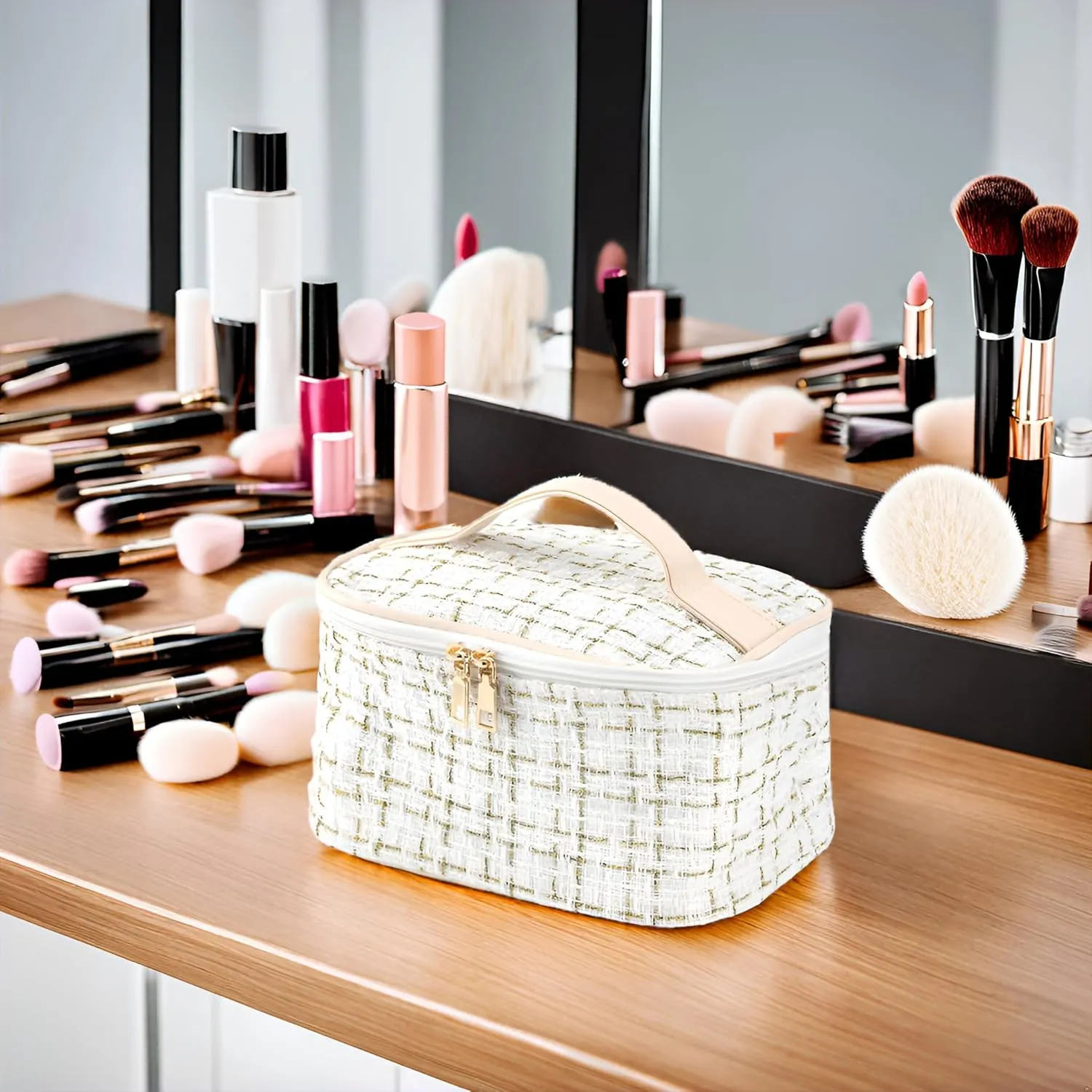 Stylish White Woolen Makeup Bag Large Cosmetic Bag Cute Pouches for Purse Travel Makeup Bag for Women