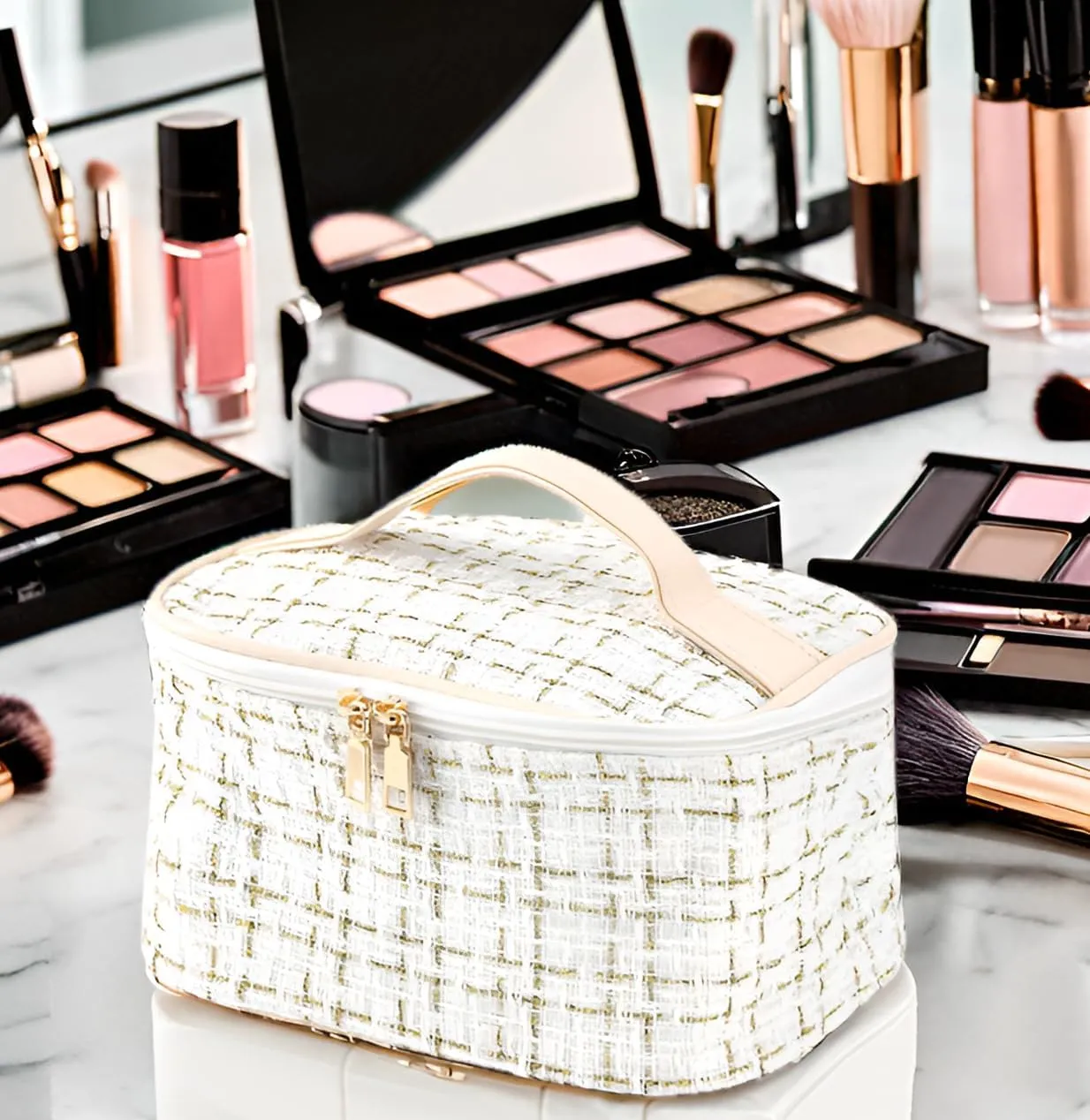 Stylish White Woolen Makeup Bag Large Cosmetic Bag Cute Pouches for Purse Travel Makeup Bag for Women