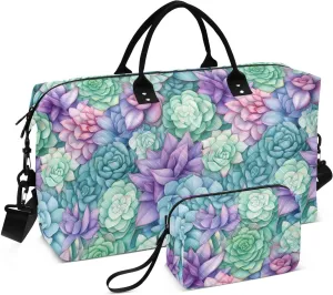 Succulents Cactus Colorful Flowers Travel Duffle Bag Duffel Bags Large Weekender Bag Carry On Duffel Bag Gym Bag with Toiletry Bag Garment Duffle Bags for Adults Women Airplanes Men Sports Trip Yoga