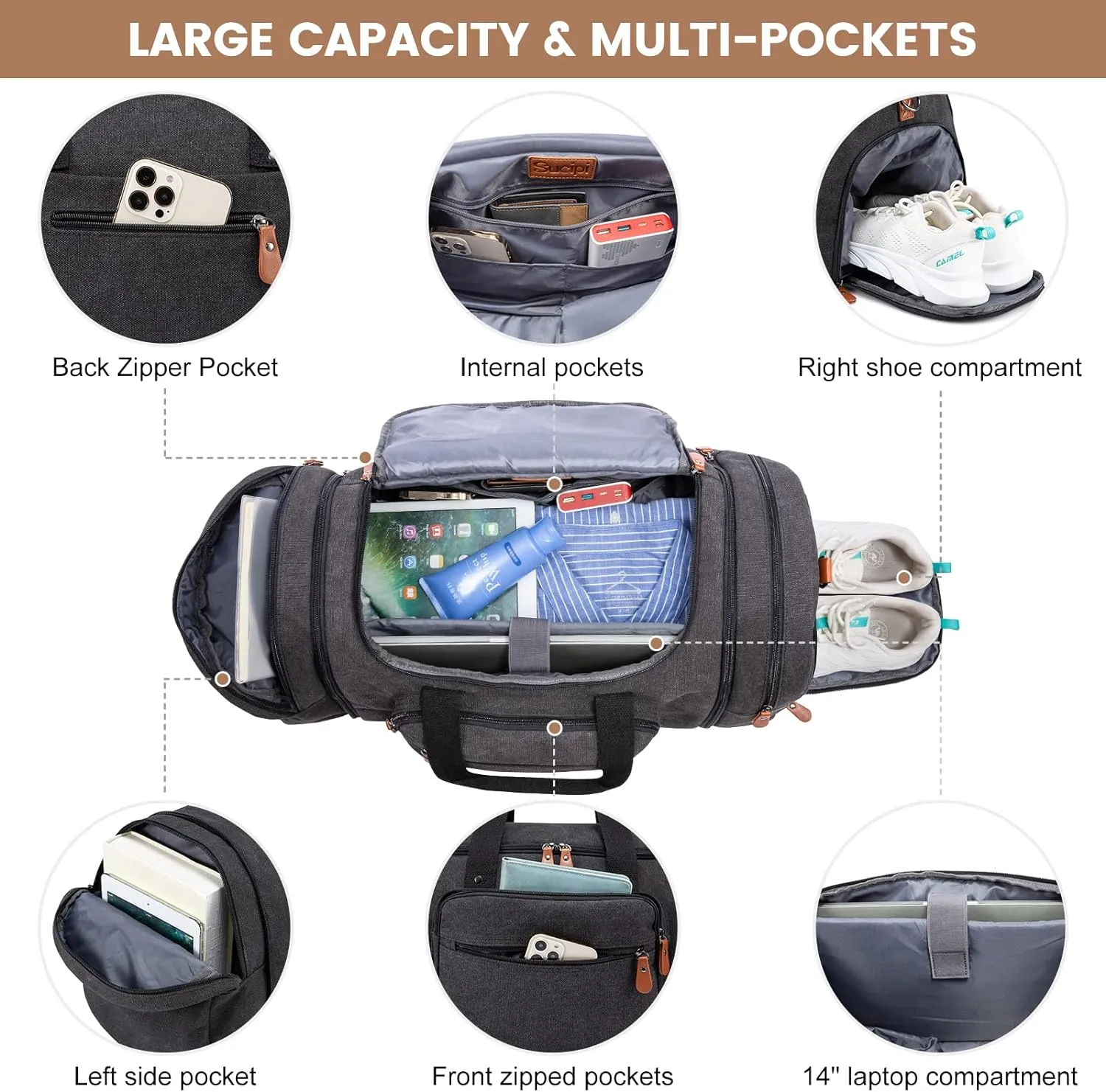 Sucipi Canvas Duffle Bag for Travel Overnight Carry on Bag with Shoe Compartment Weekender Duffel Bag with Toiletry Bag for Airplanes,Dark Grey