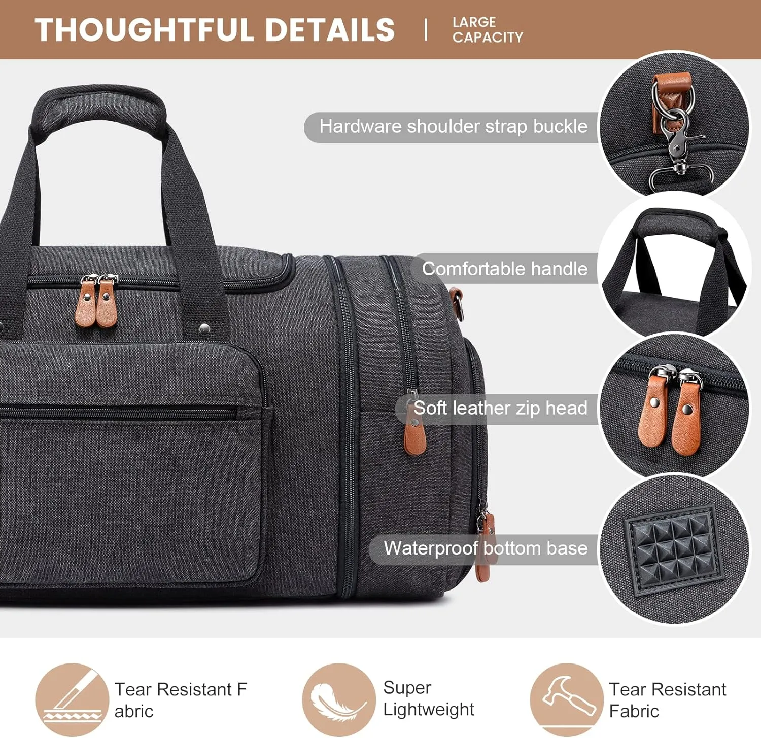Sucipi Canvas Duffle Bag for Travel Overnight Carry on Bag with Shoe Compartment Weekender Duffel Bag with Toiletry Bag for Airplanes,Dark Grey