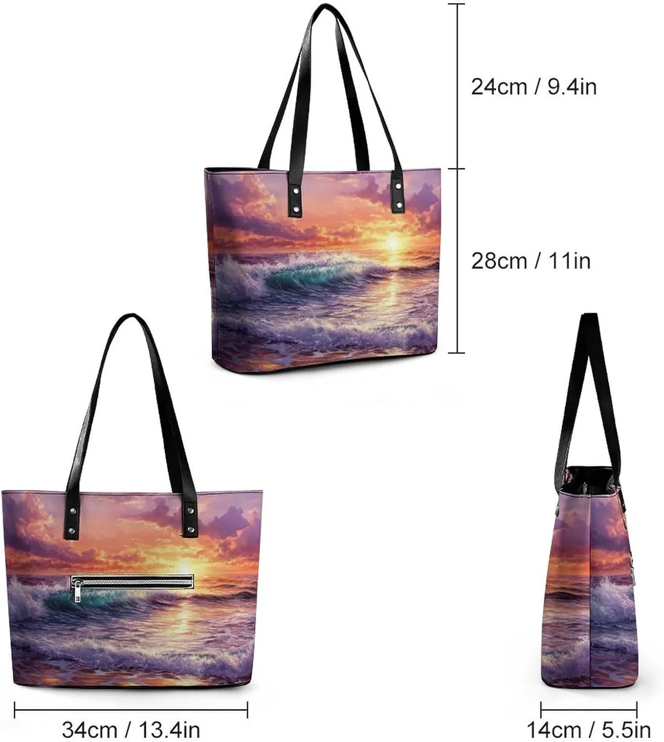 Sunset Waves Women Soft Leather Handbags Tote Purses Shoulder Bucket Bags