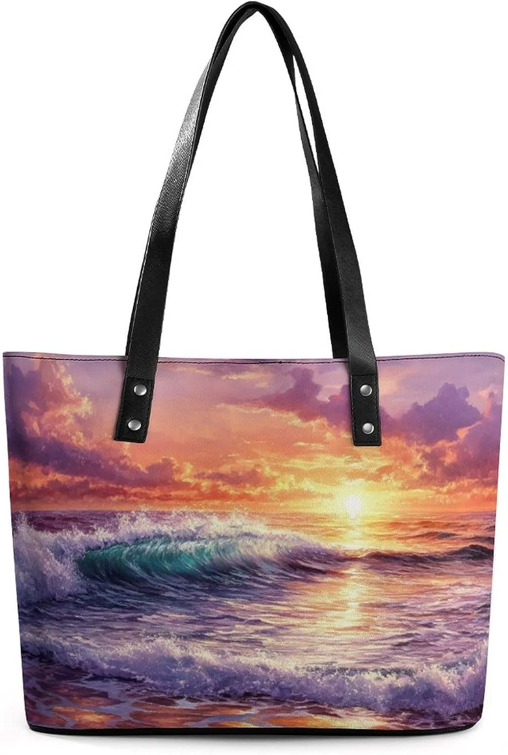 Sunset Waves Women Soft Leather Handbags Tote Purses Shoulder Bucket Bags