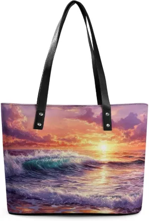 Sunset Waves Women Soft Leather Handbags Tote Purses Shoulder Bucket Bags