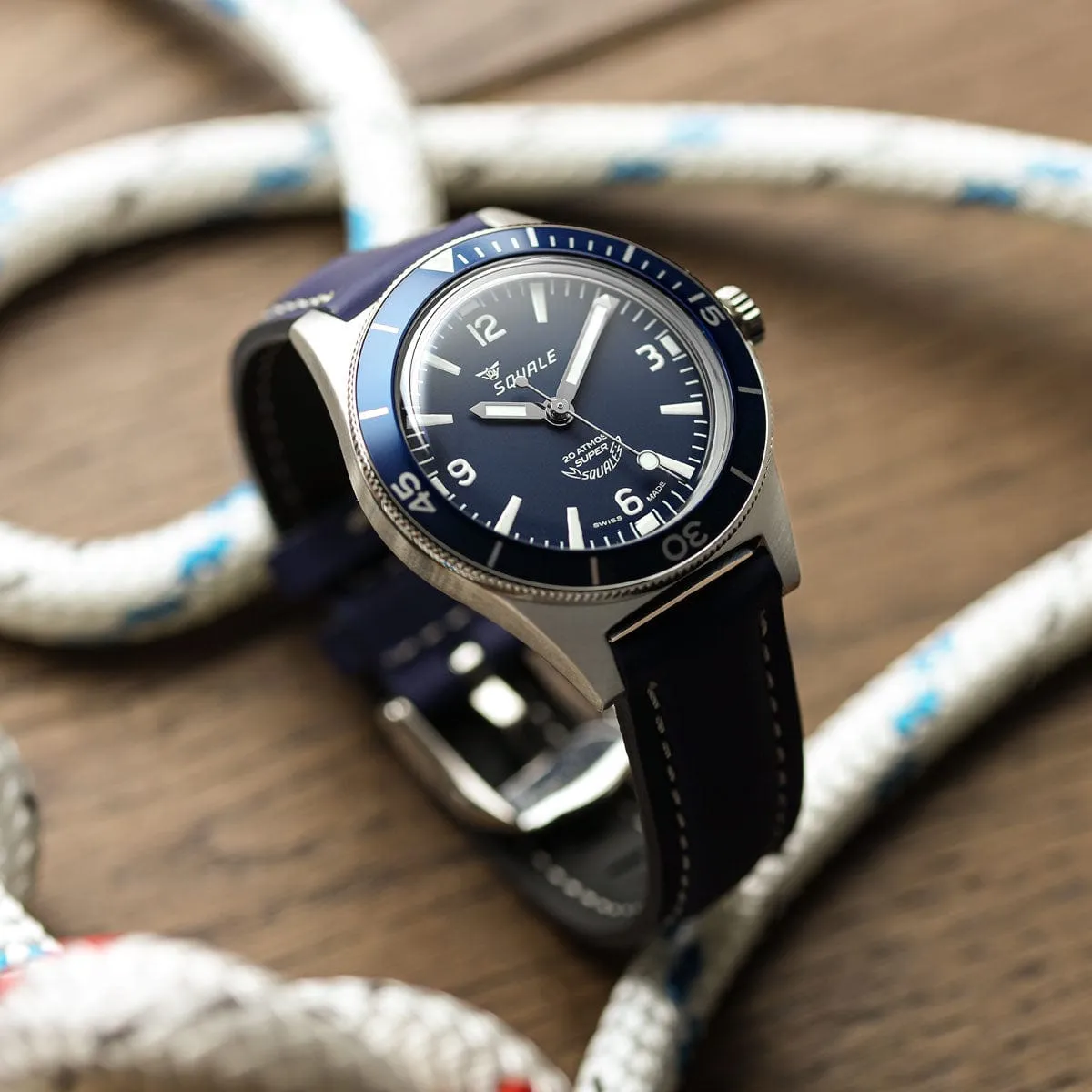 Super Squale Arabic Numerals Diver's Watch - Matt Blue Dial - Rubberised Calf Leather Strap