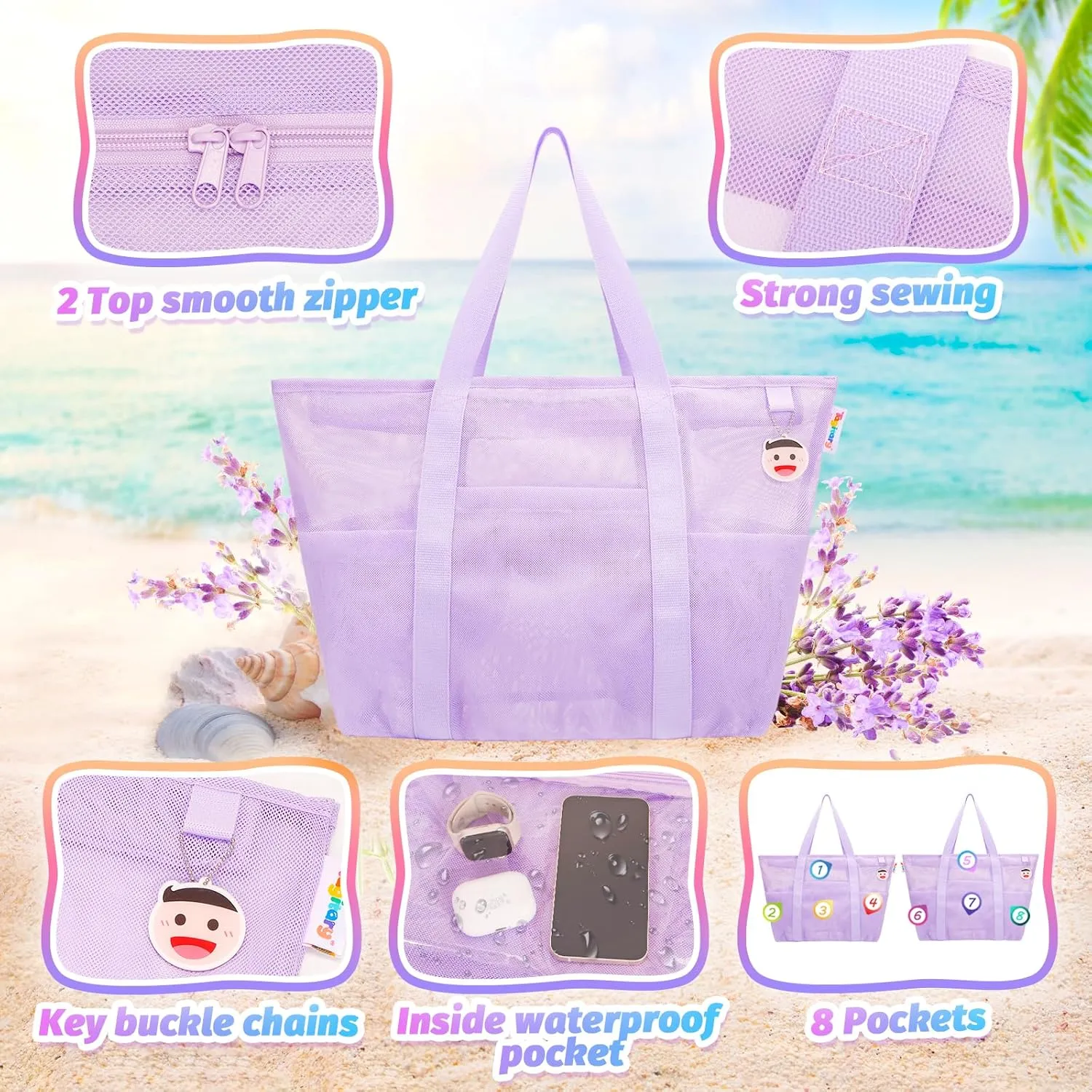 Tagitary Beach Toys Mesh Beach Bag with Zipper and 8 Pockets, Large Beach Tote Waterproof Sandproof for Travel Pool Storage