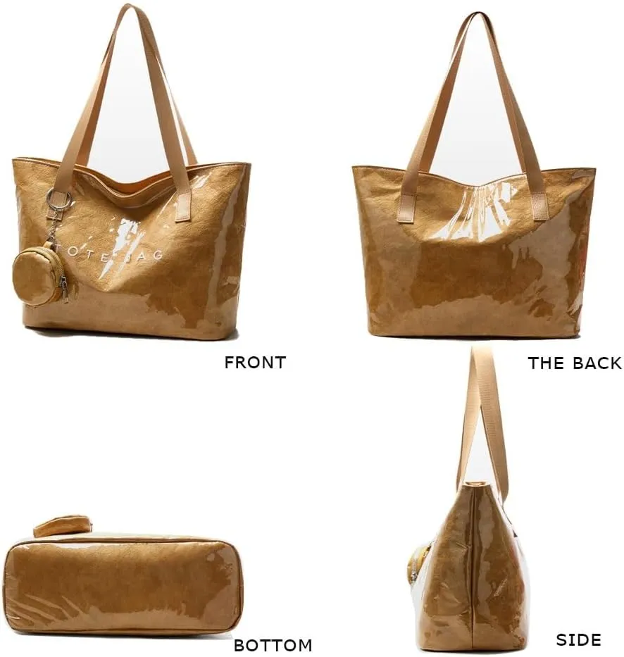 Thick PVC Tote Bags for WomenKraft Paper Shoulder Bag with Zippe/Small WalletPlastic Travel Shopping Handbag