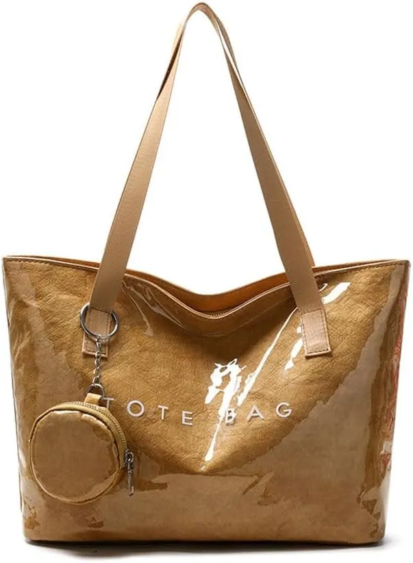 Thick PVC Tote Bags for WomenKraft Paper Shoulder Bag with Zippe/Small WalletPlastic Travel Shopping Handbag