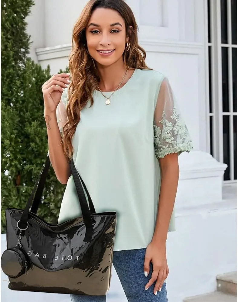 Thick PVC Tote Bags for WomenKraft Paper Shoulder Bag with Zippe/Small WalletPlastic Travel Shopping Handbag