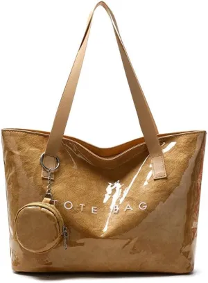 Thick PVC Tote Bags for WomenKraft Paper Shoulder Bag with Zippe/Small WalletPlastic Travel Shopping Handbag