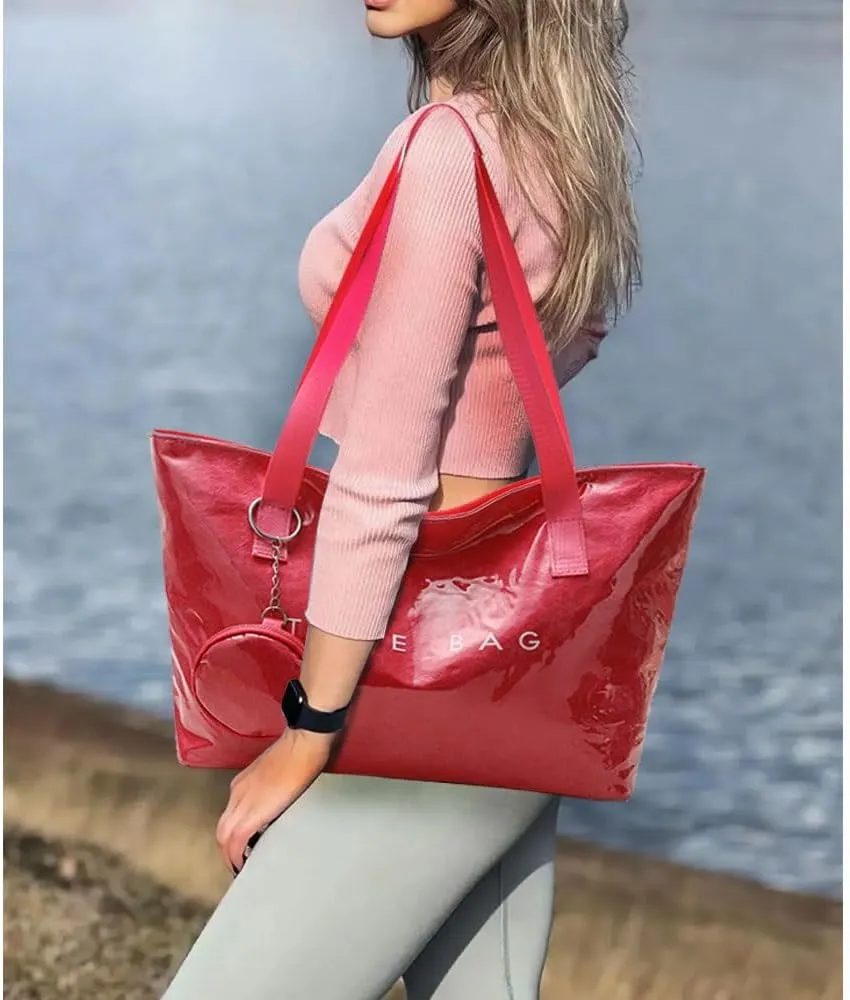 Thick PVC Tote Bags for WomenKraft Paper Shoulder Bag with Zippe/Small WalletPlastic Travel Shopping Handbag