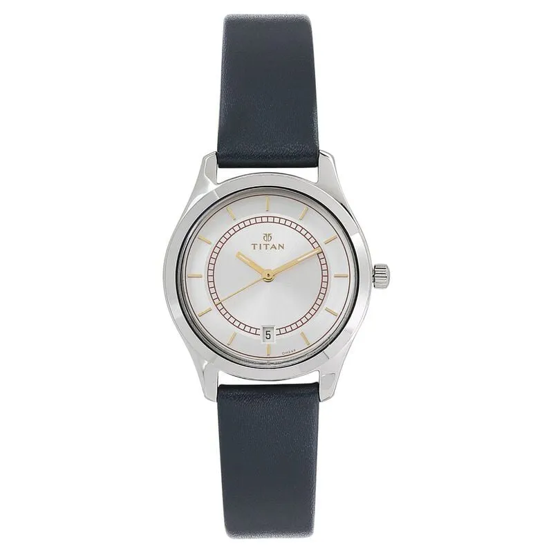 Titan Workwear Women's Watch Analog White Dial Blue Leather Strap, 2596SL01