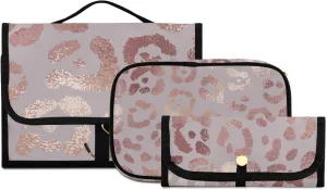 Toiletry Bag for Women, Rose Gold Leopard Skin Hanging Travel Toiletry Bag, 1 Cosmetic Bag, 1 Makeup Brush Bag