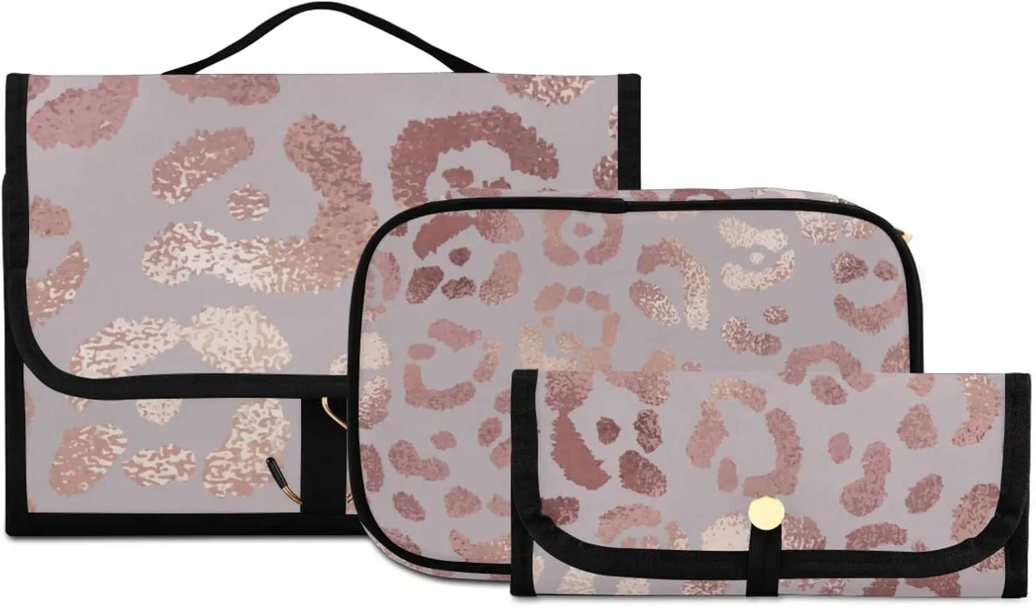 Toiletry Bag for Women, Rose Gold Leopard Skin Hanging Travel Toiletry Bag, 1 Cosmetic Bag, 1 Makeup Brush Bag