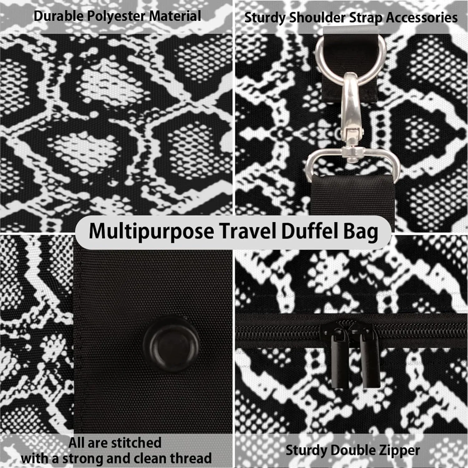 Travel Duffel, White Snake Skin Print Sports Tote Gym Foldable Weekender Workout Carry-on Luggage Handle Overnight Shoulder Bag for Women Men