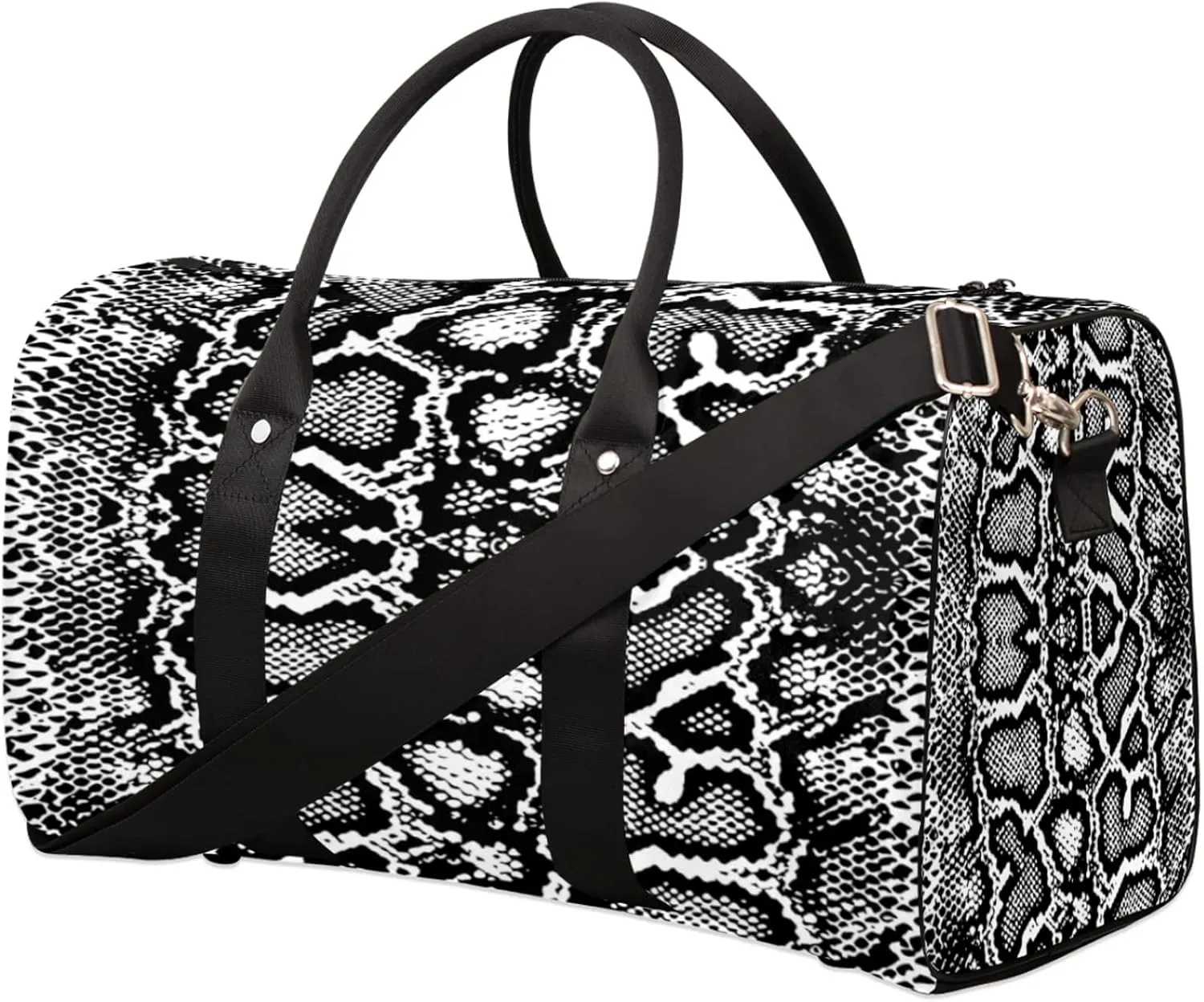 Travel Duffel, White Snake Skin Print Sports Tote Gym Foldable Weekender Workout Carry-on Luggage Handle Overnight Shoulder Bag for Women Men