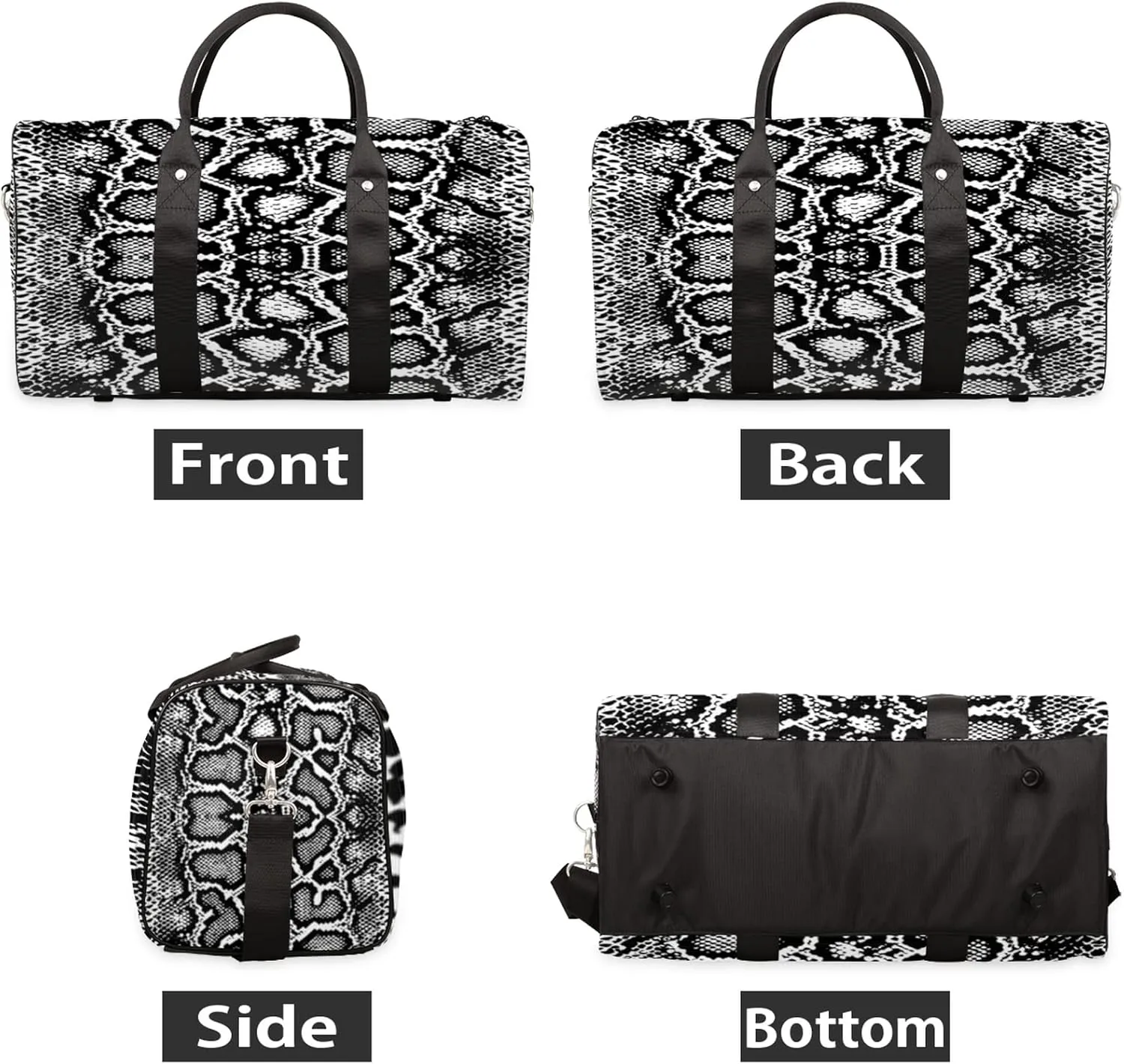 Travel Duffel, White Snake Skin Print Sports Tote Gym Foldable Weekender Workout Carry-on Luggage Handle Overnight Shoulder Bag for Women Men