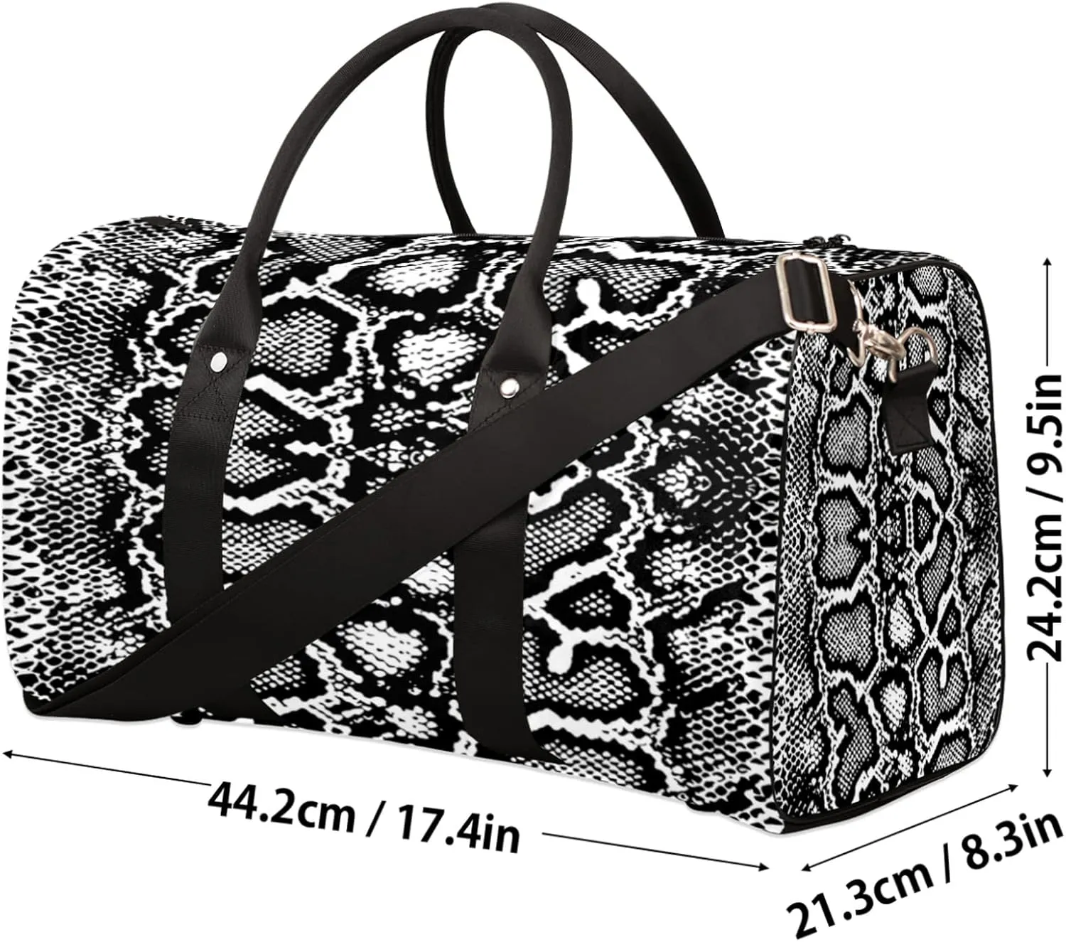 Travel Duffel, White Snake Skin Print Sports Tote Gym Foldable Weekender Workout Carry-on Luggage Handle Overnight Shoulder Bag for Women Men