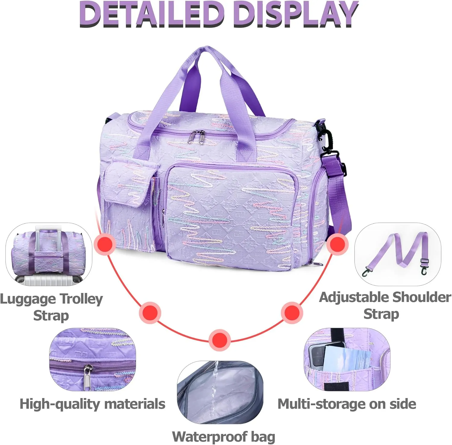 Travel Duffle Bag Waterproof Weekender Carry on Luggage Tote Bags for Women Sport Luggage Large Yoga Gym Trolley Sleeve Overnight Travel Business Bag Purple