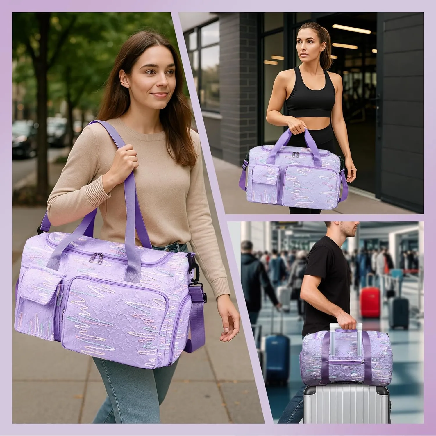 Travel Duffle Bag Waterproof Weekender Carry on Luggage Tote Bags for Women Sport Luggage Large Yoga Gym Trolley Sleeve Overnight Travel Business Bag Purple