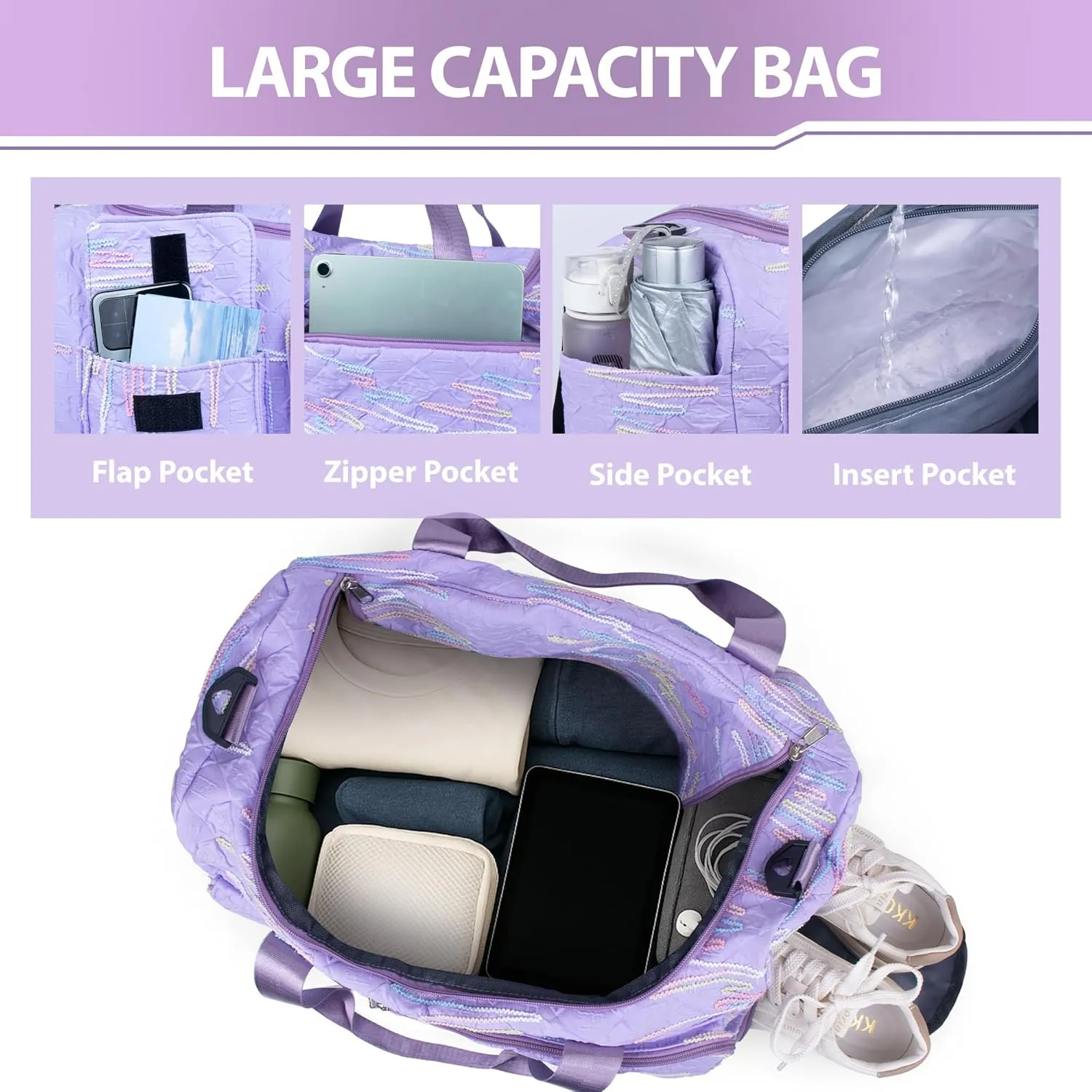 Travel Duffle Bag Waterproof Weekender Carry on Luggage Tote Bags for Women Sport Luggage Large Yoga Gym Trolley Sleeve Overnight Travel Business Bag Purple