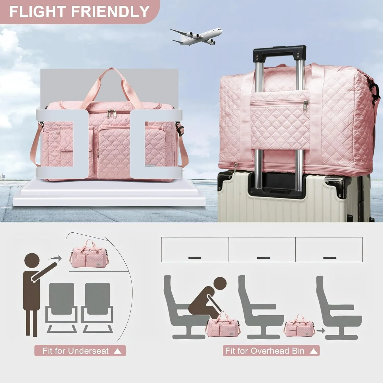Travel Duffle Bag Waterproof Weekender Carry on Luggage Tote Bags for Women Sport Luggage Large Yoga Gym with Trolley Sleeve Overnight Travel Business Bag Black