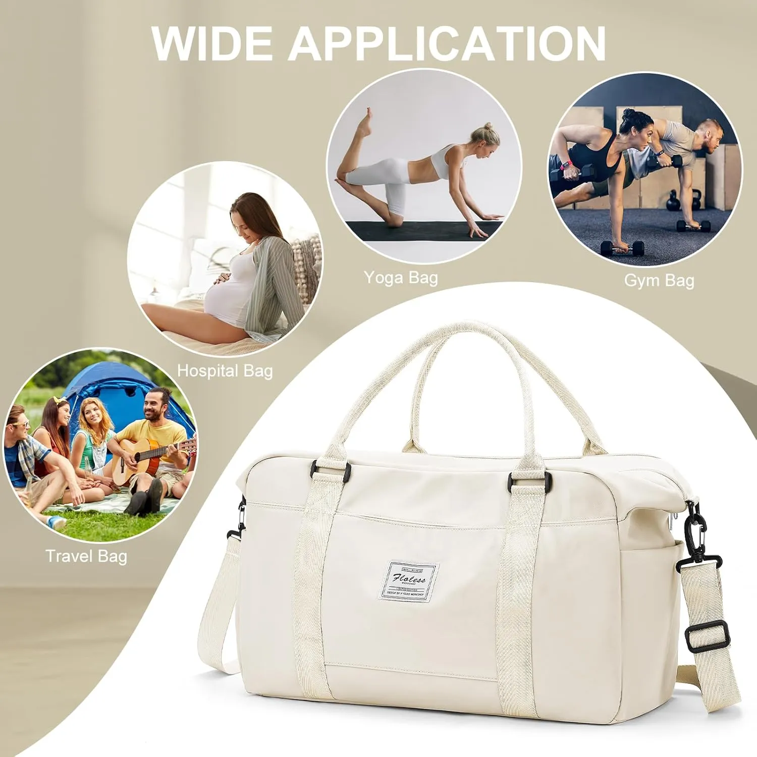Travel Duffle Bag, Women Weekender Overnight Bags with Laptop Compartment and Wet Pocket, Womens Mens Traveling Carry On Luggage Gym Bag, Hospital Bags for Labor and Delivery, Beige