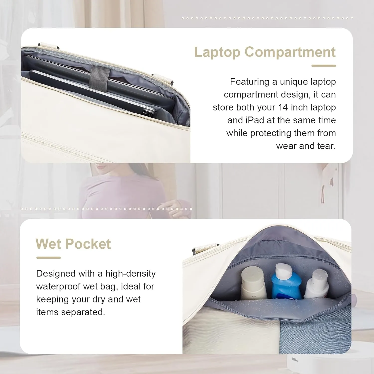 Travel Duffle Bag, Women Weekender Overnight Bags with Laptop Compartment and Wet Pocket, Womens Mens Traveling Carry On Luggage Gym Bag, Hospital Bags for Labor and Delivery, Beige