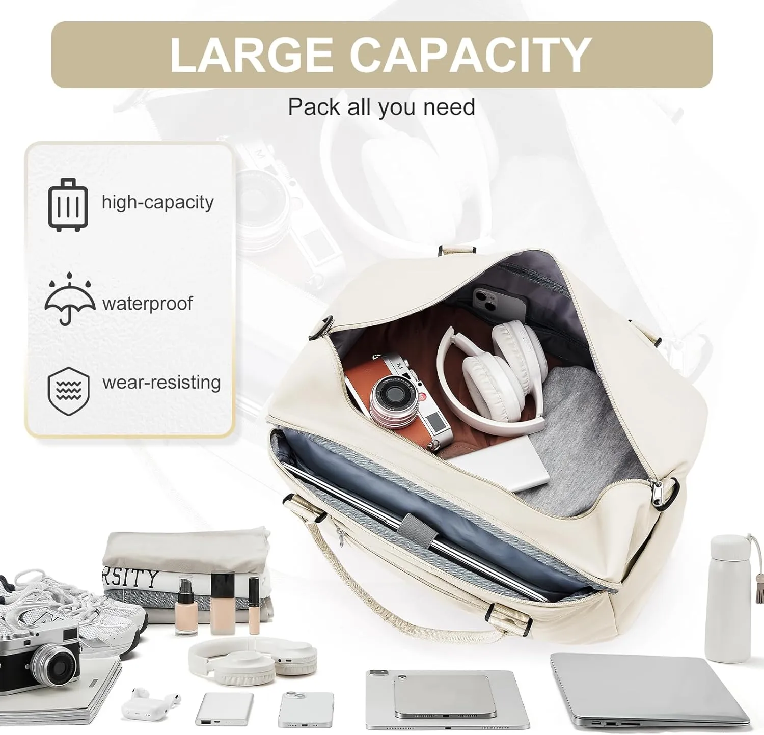 Travel Duffle Bag, Women Weekender Overnight Bags with Laptop Compartment and Wet Pocket, Womens Mens Traveling Carry On Luggage Gym Bag, Hospital Bags for Labor and Delivery, Beige