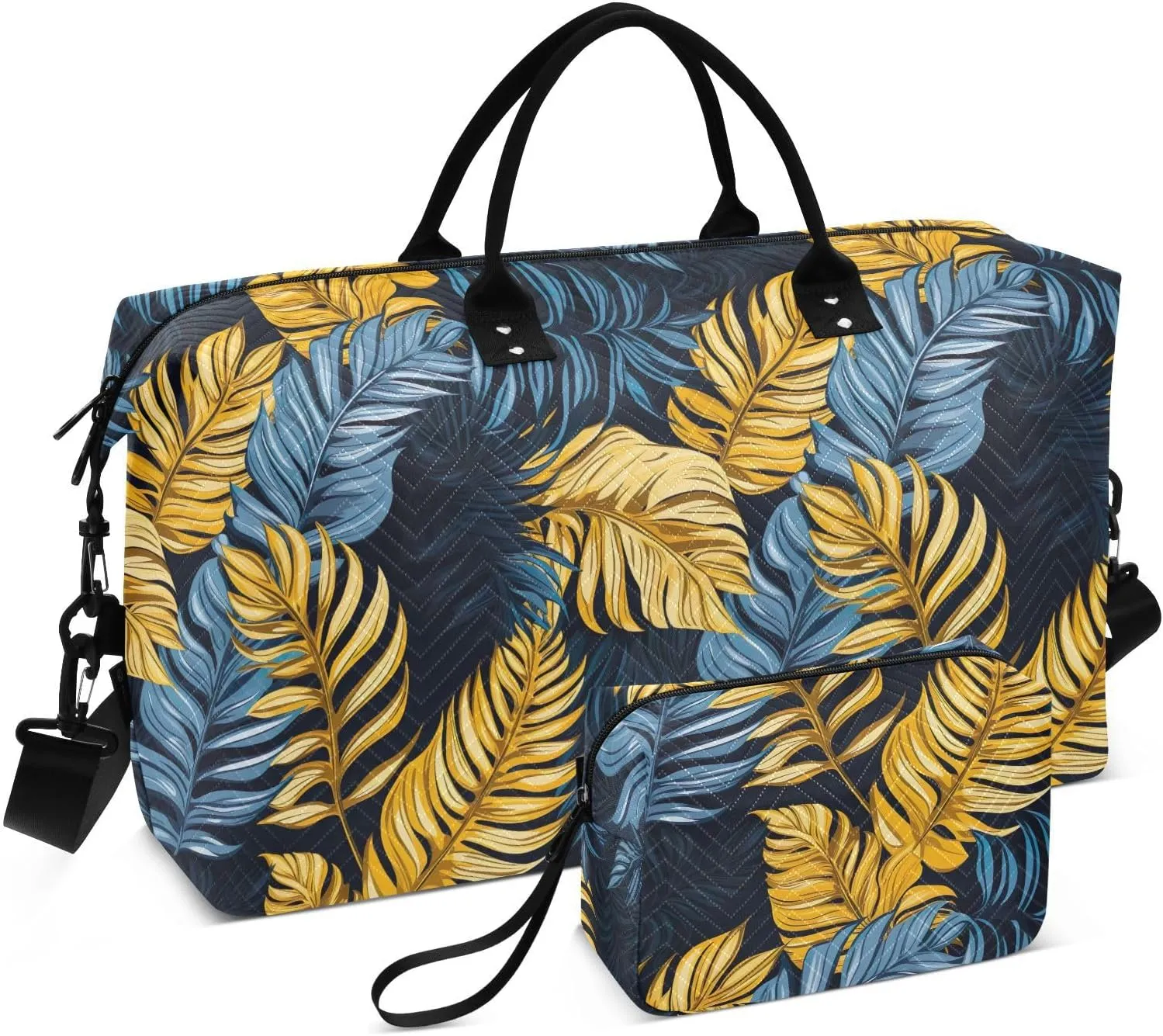 Tropical Leaf Golden Blue Travel Duffle Bag Duffel Bags Large Weekender Bag Carry On Duffel Bag Gym Bag with Toiletry Bag Garment Duffle Bags for Airplanes Women Men Yoga Sports Ttrip Adults