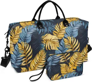 Tropical Leaf Golden Blue Travel Duffle Bag Duffel Bags Large Weekender Bag Carry On Duffel Bag Gym Bag with Toiletry Bag Garment Duffle Bags for Airplanes Women Men Yoga Sports Ttrip Adults