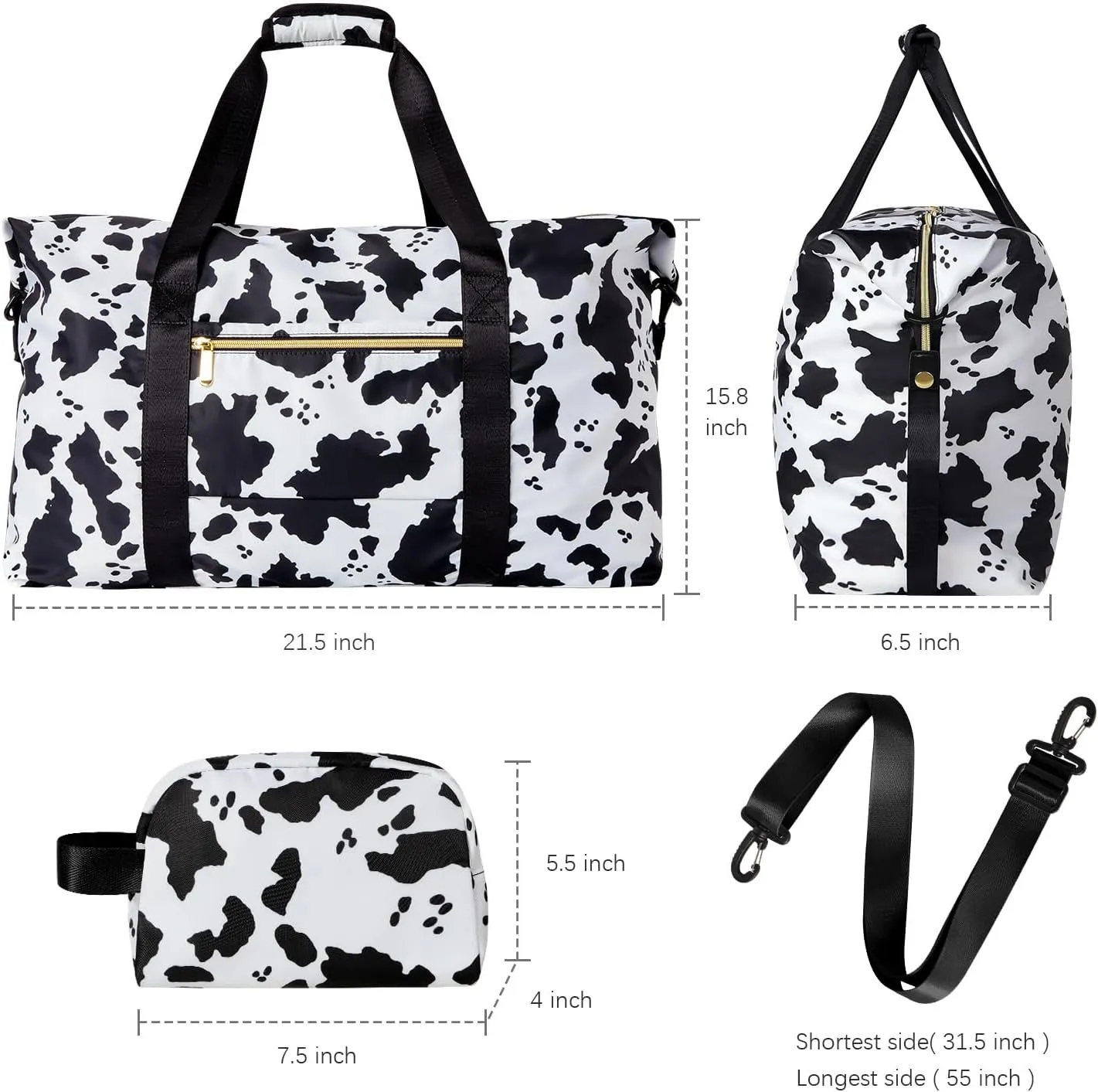 Tuwubi Travel Duffle Bag, Gym Bag for Women, Weekender Bags, 45L Travel Duffel Bags with Small Pouch - Cow Print