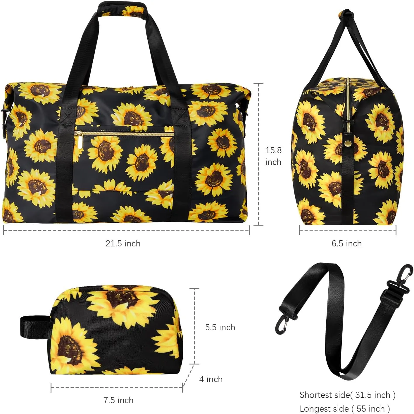 Tuwubi Travel Duffle Bag, Gym Bags for Women, Weekender Bags, 45L Travel Duffel Bag with Small Pouch - Sunflower