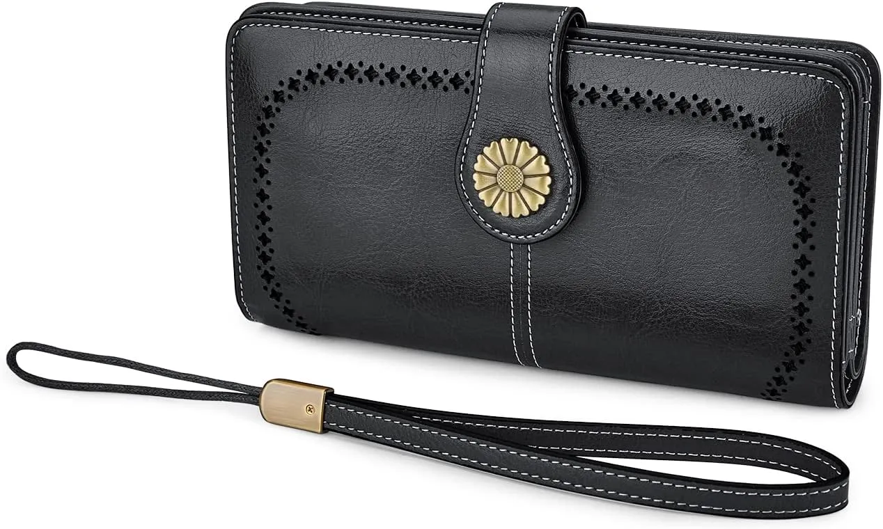 VANNANBA Womens Wallet Long Large RFID Oil-waxed Leather Clutch Wallet Wristlet Organized Purse