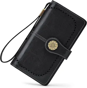 VANNANBA Womens Wallet Long Large RFID Oil-waxed Leather Clutch Wallet Wristlet Organized Purse