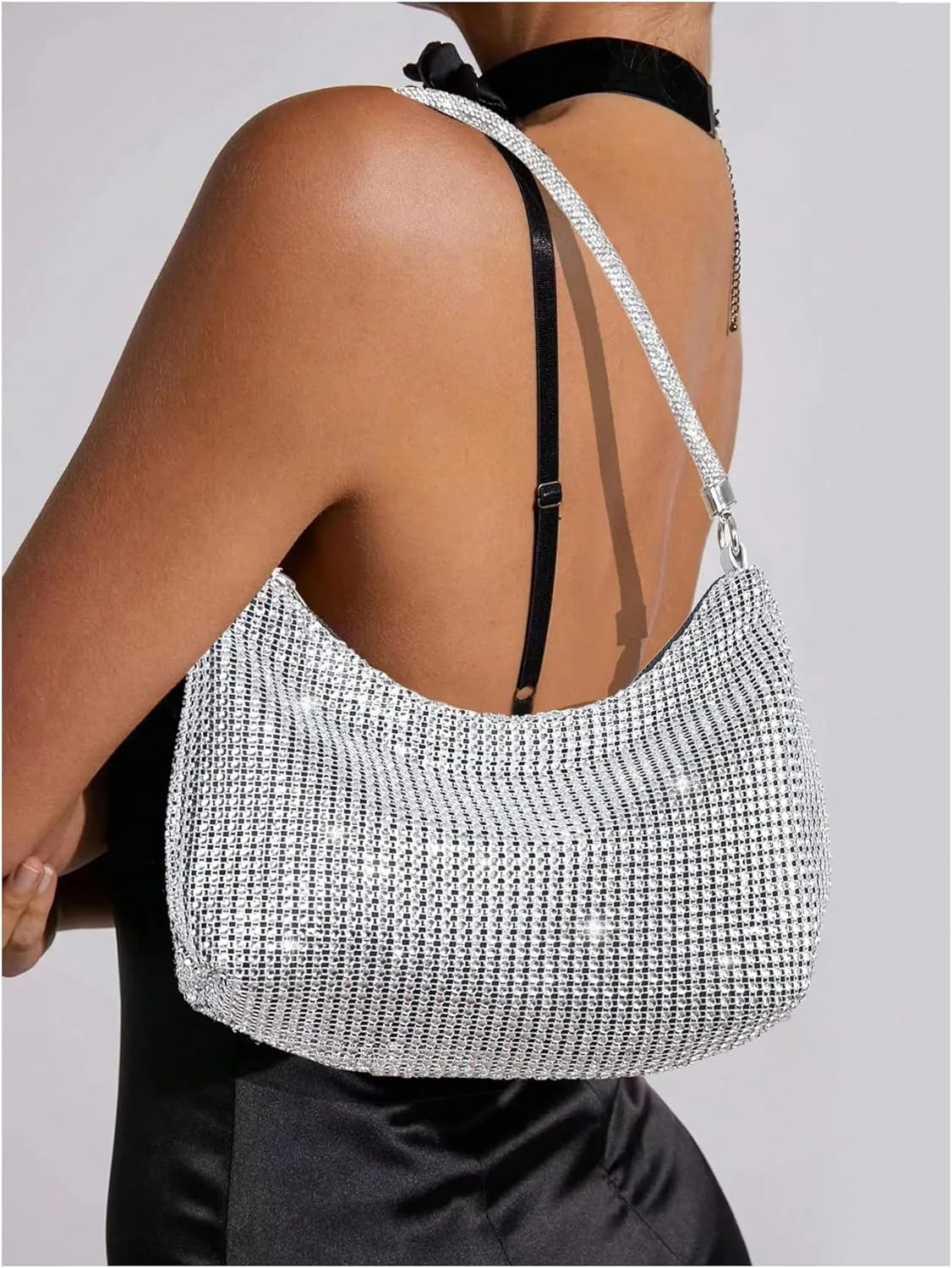 Verdusa Women's Rhinestone Purse Evening Handbag Glitter Sparkly Crescent Shoulder Bags