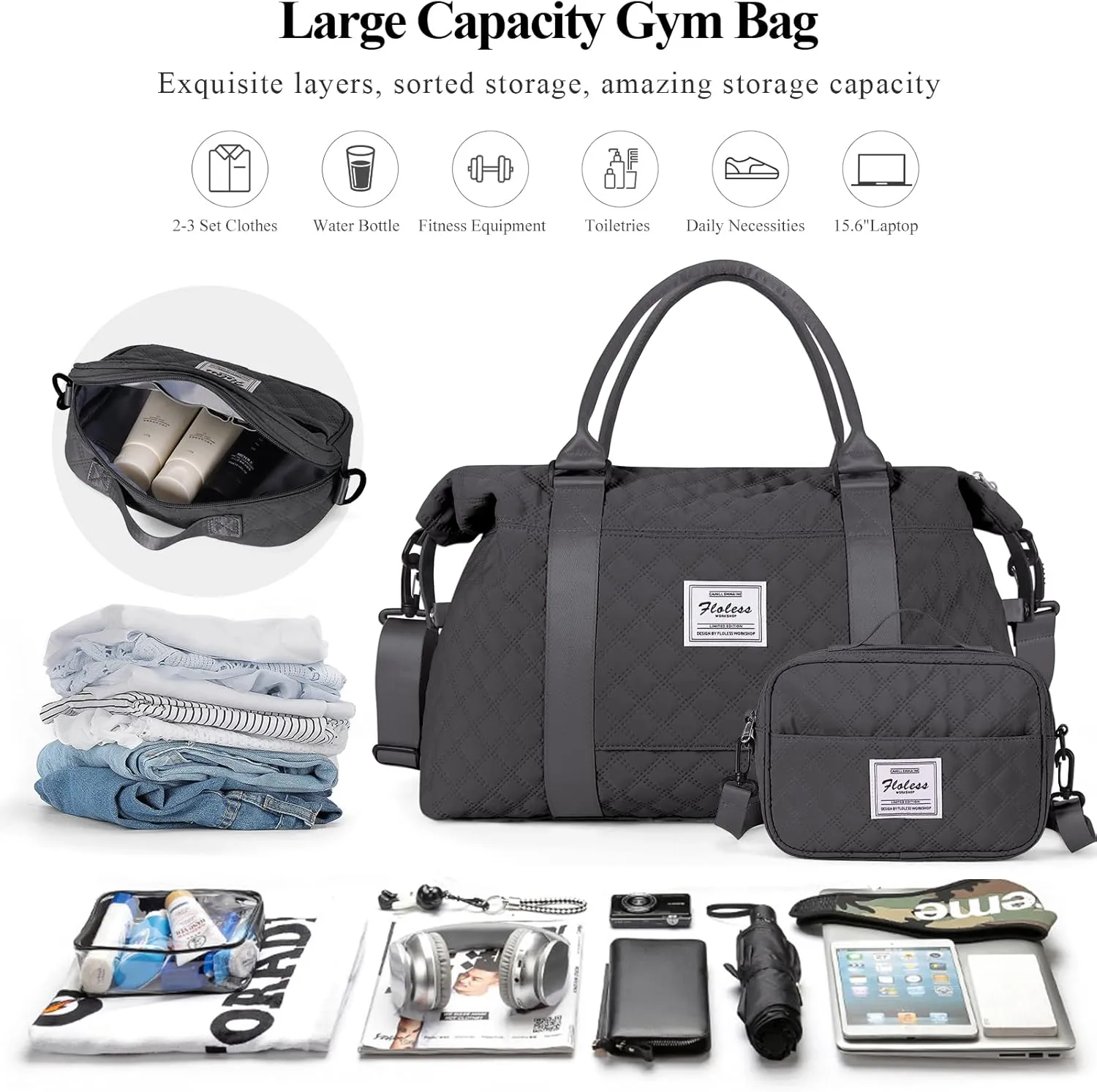 Weekender Bags for Women, Travel Duffel Overnight Carry on Bag with Toiletry Bag&Wet Pocket,Dark Grey