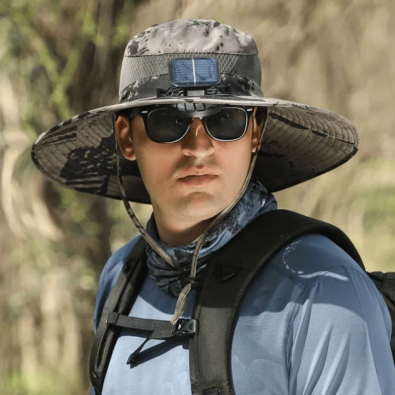 Wide Brim Solar Fan Outdoor Fishing Hat-Solar & USB Charging
