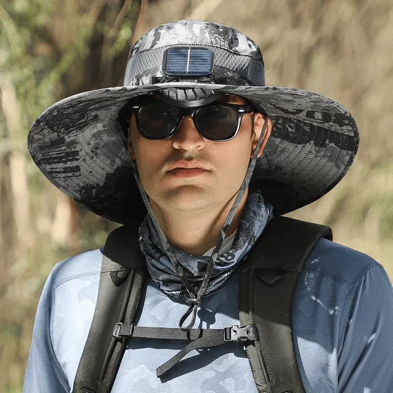 Wide Brim Solar Fan Outdoor Fishing Hat-Solar & USB Charging